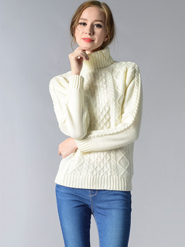 Casual 5 Colors Jacquard High-Neck Long Sleeves Sweater Top