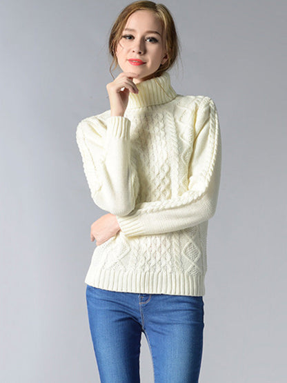 Casual 5 Colors Jacquard High-Neck Long Sleeves Sweater Top