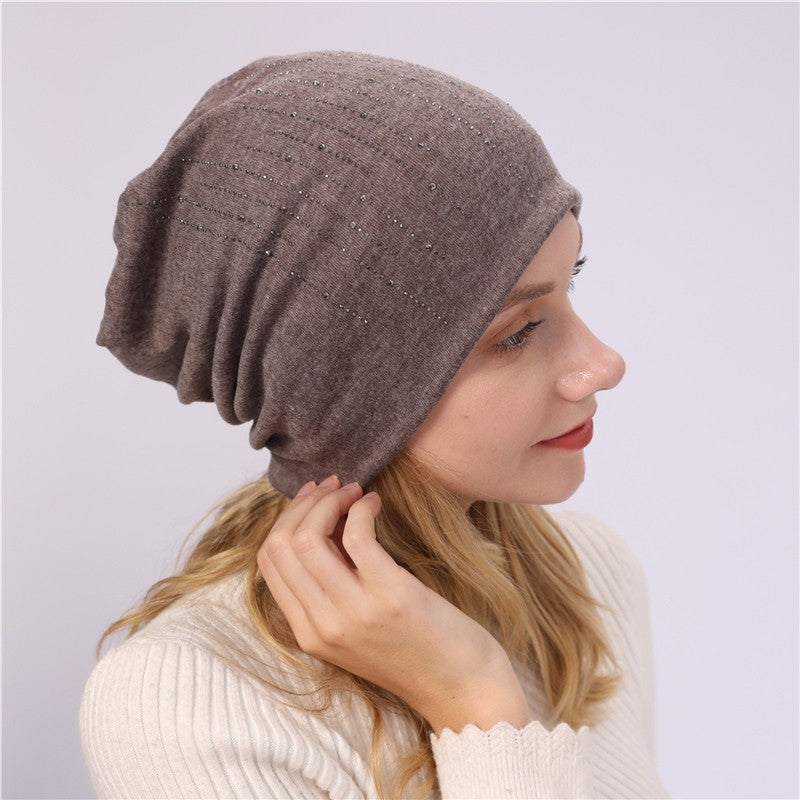 Solid Color Rhinestone Double Layer Beanie