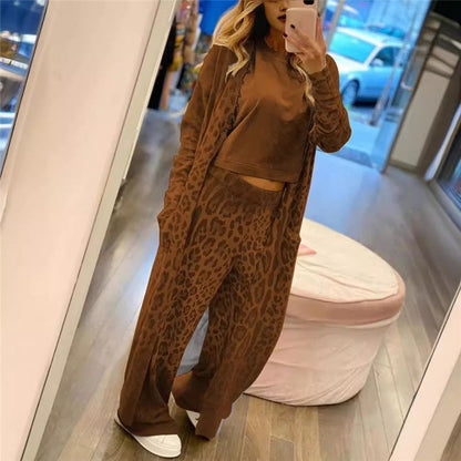 Leopard Print Long Sleeve Cardigan And Pants Set