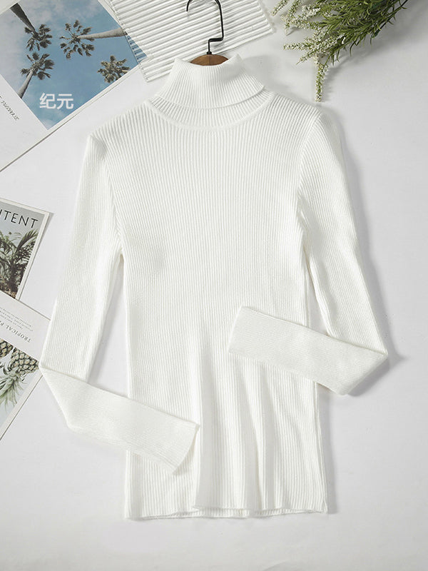 Casual Long Sleeves Skinny Solid Color High-Neck Sweater Tops