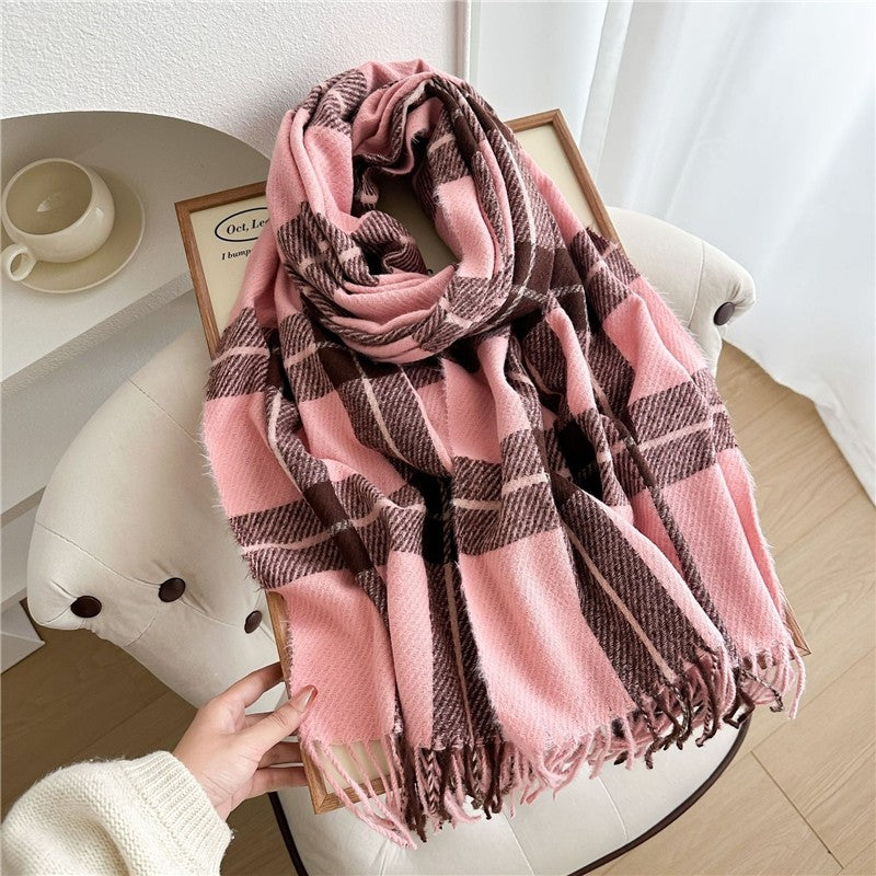 Color Block Plaid Fringe Scarf