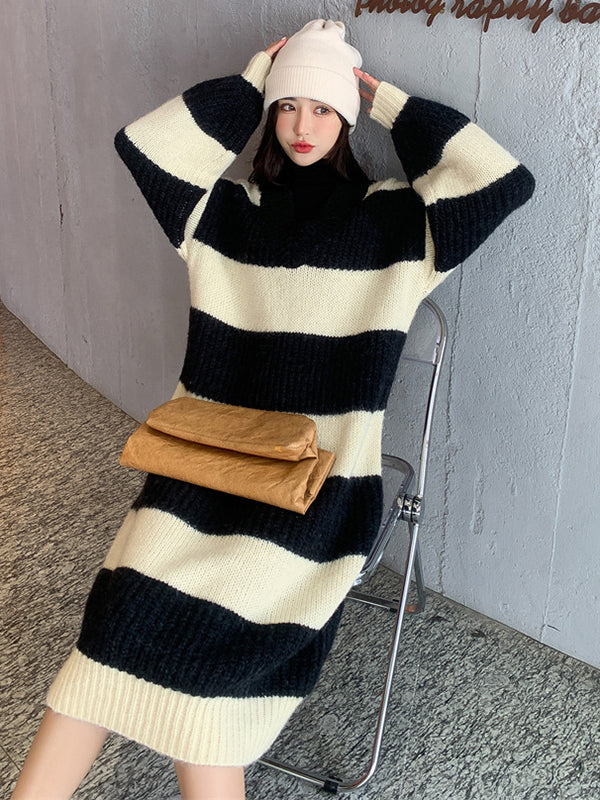 Stylish Loose Striped V-Neck Sweater Dresses