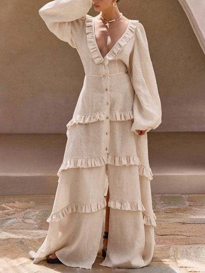 A-Line Long Sleeves Buttoned Elasticity Pleated Ruffle Trim Solid Color Split-Joint Tied Waist Deep V-Neck Maxi Dresses
