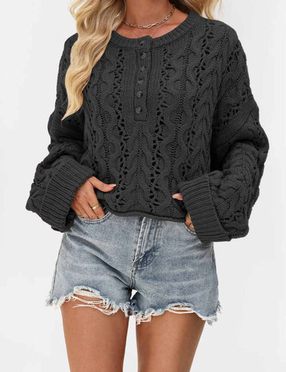 Cable Knit Round Neck Button Pullover Sweater