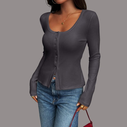 Long Sleeve U-Neck Polyester T-Shirt Jacket Solid Color