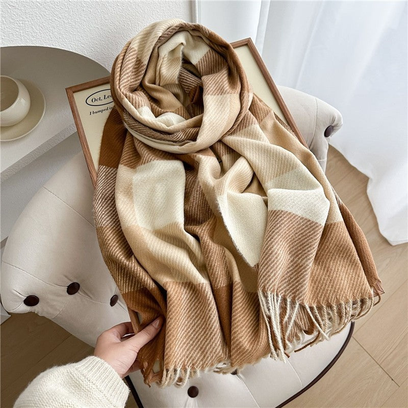 Color Block Plaid Fringe Scarf