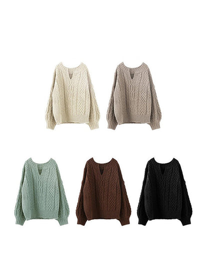 Stylish Loose Jacquard Solid Color V-Neck Sweater