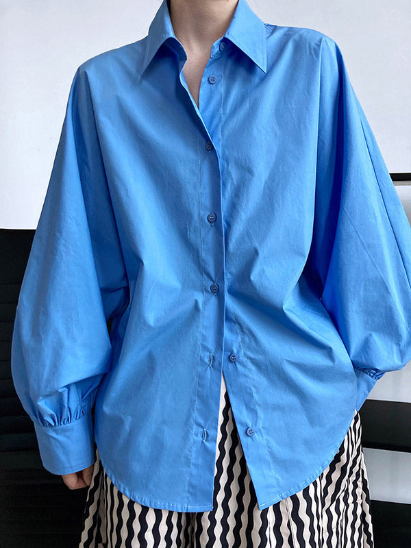 Long Sleeves Loose Buttoned Pleated Solid Color Lapel Blouses&Shirts Tops
