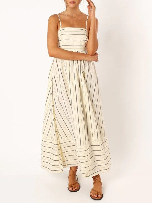 Striped Color Block Backless Spaghetti Dress