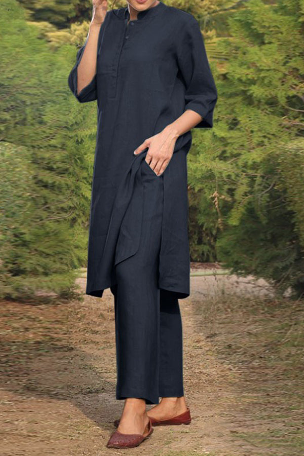 Cotton and linen V-neck 3\/4 sleeve wide brimmed pants 2-piece set