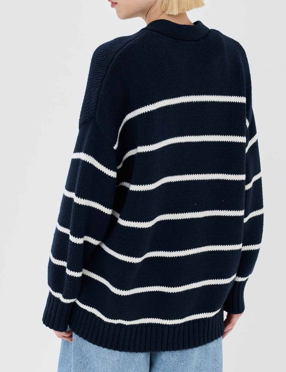 Striped V-Neck Color Block Button Down Cardigan