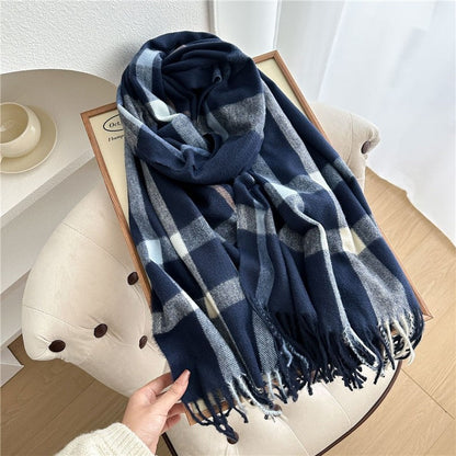 Color Block Plaid Fringe Scarf