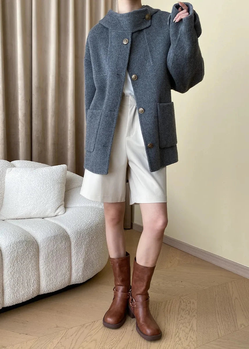 Wool Blend Buttoned Coat with Stand Collar
