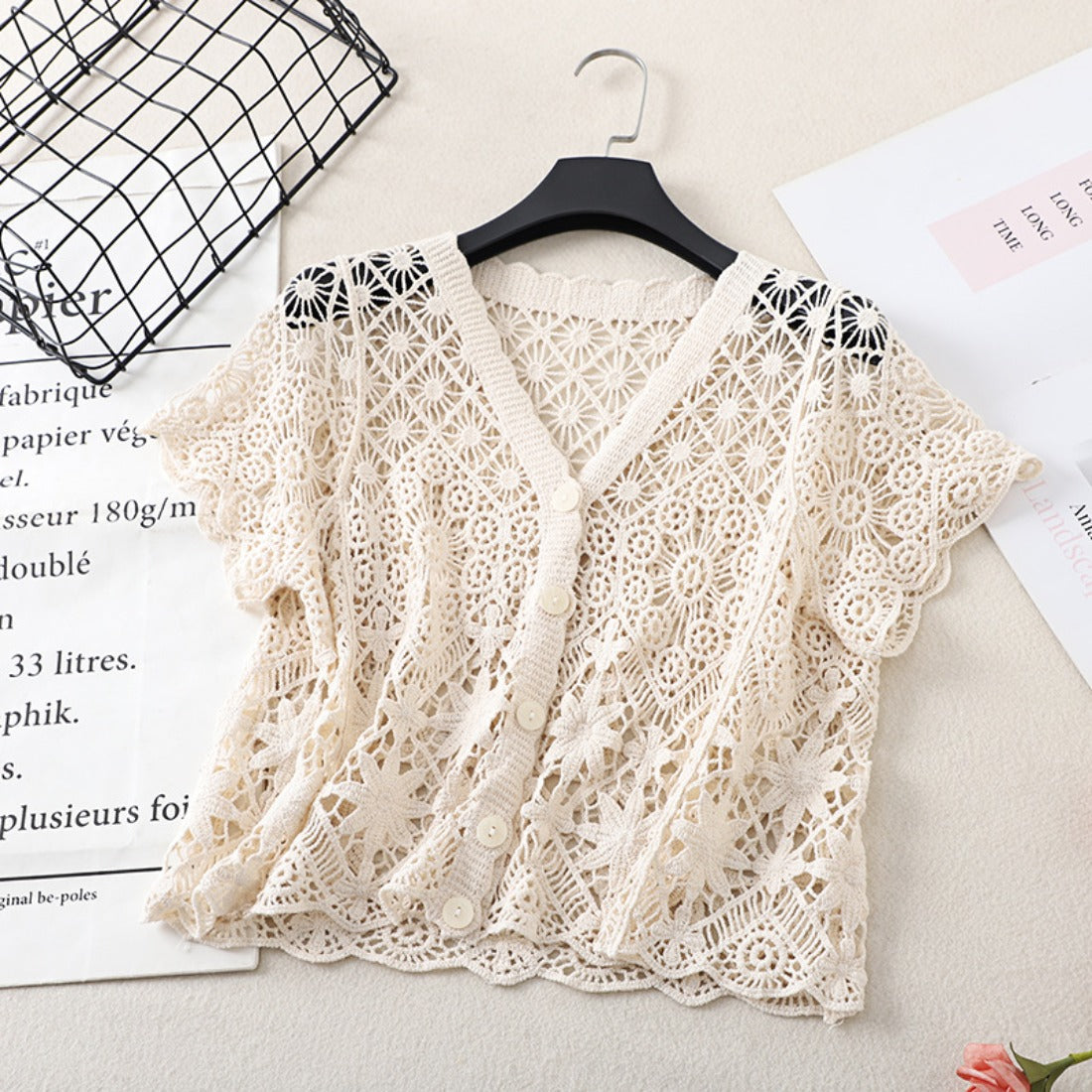 Crosa - Crochet Hollow-Out Short-Sleeve Cardigan