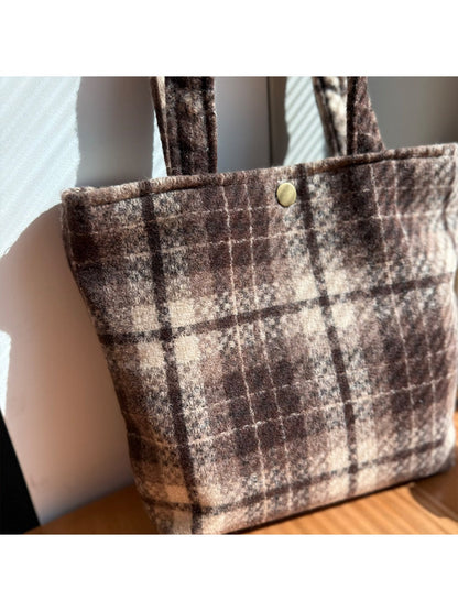 Cosbai - Vintage Canvas Shoulder Bag with Plaid Patterns