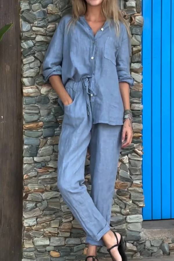 Casual Solid Color V-Neck Shirt \u0026 Pants Cotton Linen Two-Piece Set