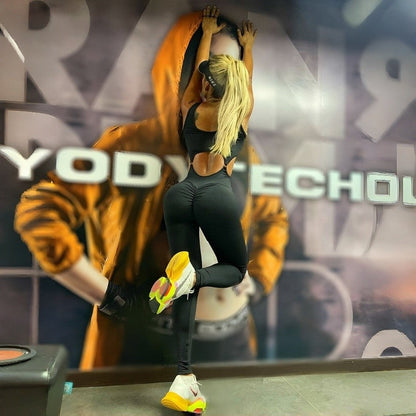 U Neck Hollow Out Solid Yoga Bodysuit