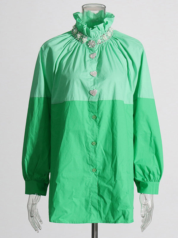 Long Sleeves Loose Buttoned Contrast Color Rhine Stones Mock Neck Blouses&Shirts Tops
