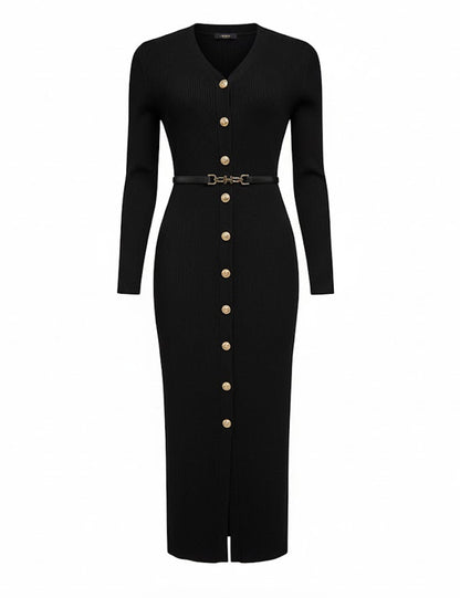 Fall V-Neck Long Sleeve Button Down Maxi Dress