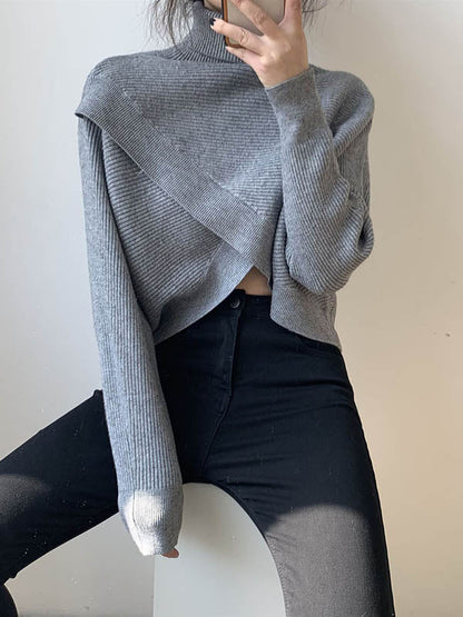 Stylish 4 Colors Knitting High-Neck Asymmetric Split-Front Sweater