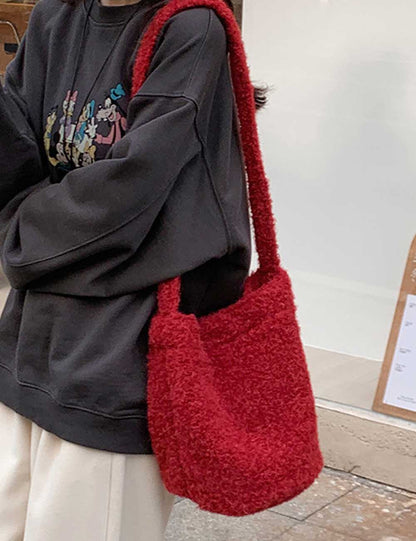 Simple Solid Color Plush Shoulder Bucket Bag