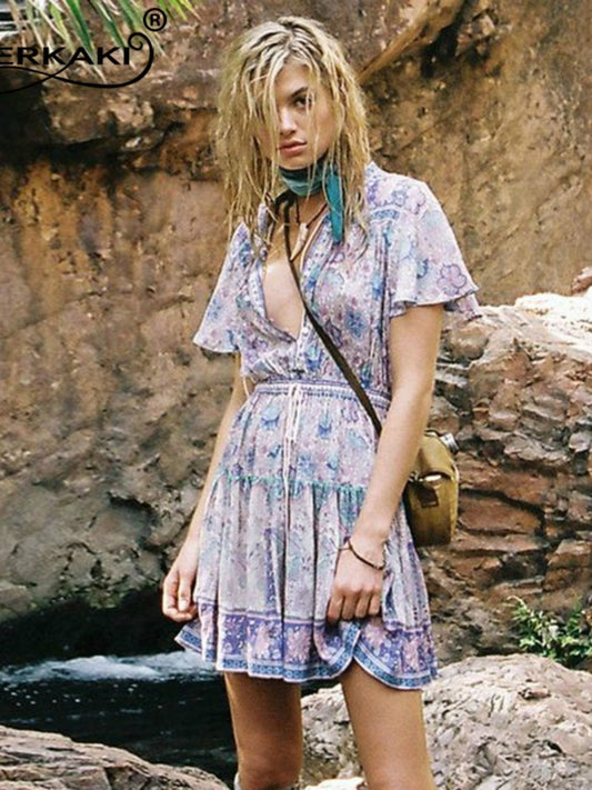 Bohemian Print High Waist Lace Up Dress