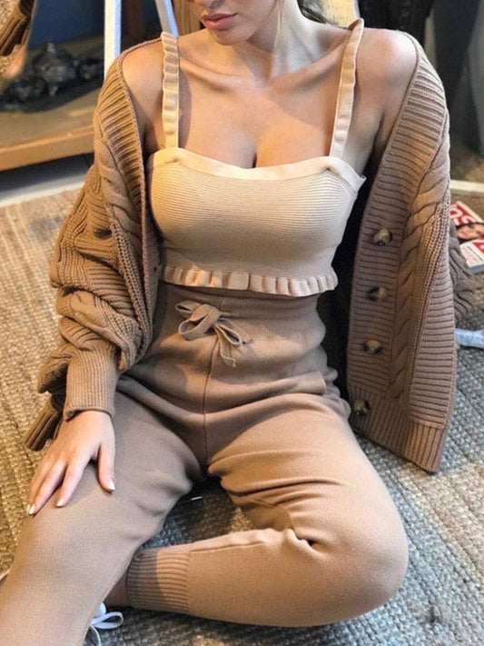 Fashion V-Neck Loose Buttoned Top&Pants Solid Color Knitting Suit