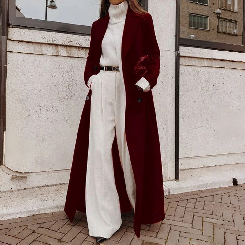 2025 Winter Women Long Wool Coat Polyester Warm Solid