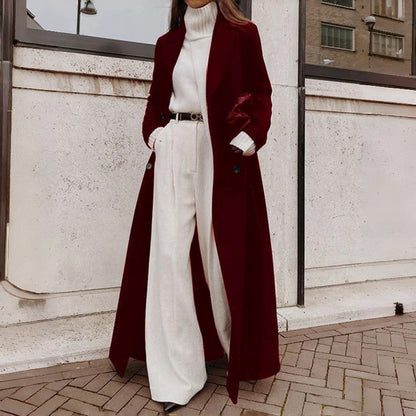 2025 Winter Women Long Wool Coat Polyester Warm Solid