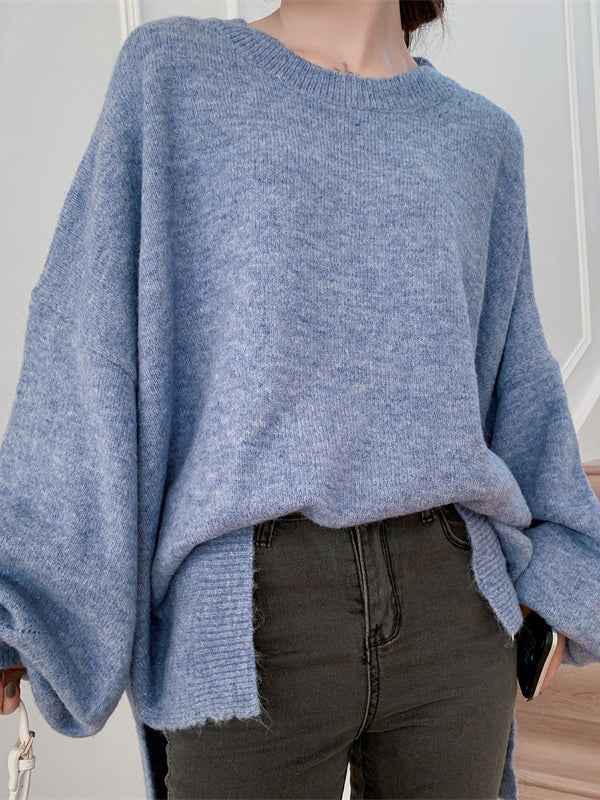 Loose Puff Sleeves Split-Side Solid Round-Neck Sweater Tops