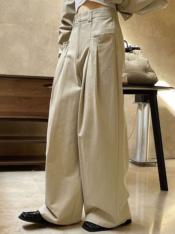 Original Loose Wide Legs Pleated Solid Color Pants