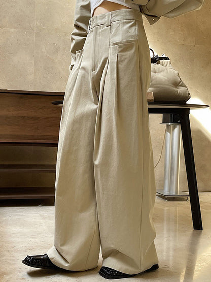 Original Loose Wide Legs Pleated Solid Color Pants