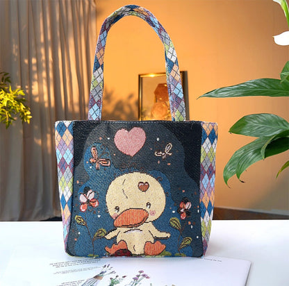 Cosbai - Diamond Pattern Lace Print Canvas Tote Bag