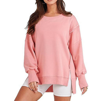 High-Low Long Sleeves Fringed Solid Color Split-Joint Split-Side Round-Neck Sweatershirt