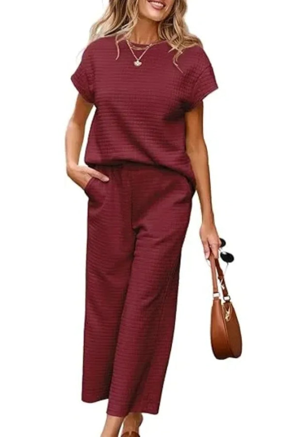Women's Casual Textured Tops and Wide Leg Pants Lounge Sets