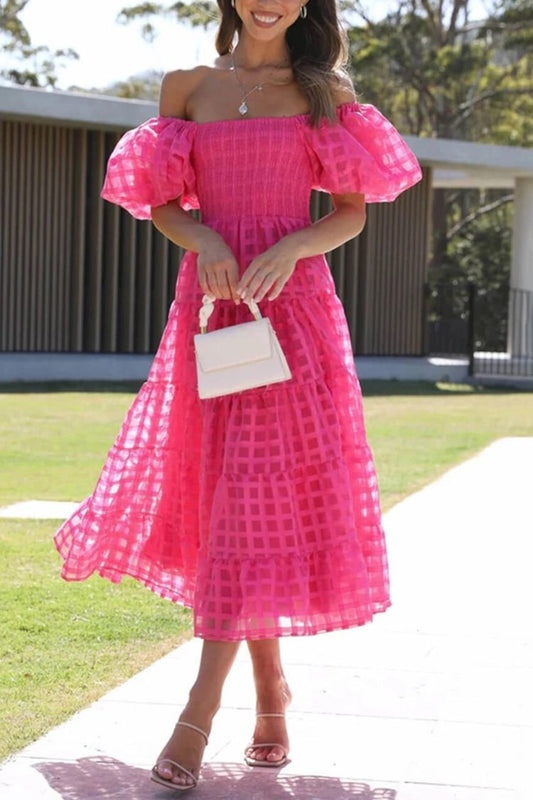 Fashionable One-Shoulder Chiffon Puff Sleeve Swing Midi Dress