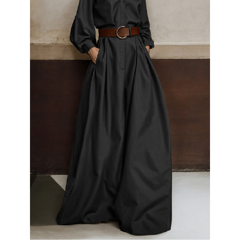 Long Sleeves Loose Buttoned No Belt Solid Color V-Neck Jumpsuits