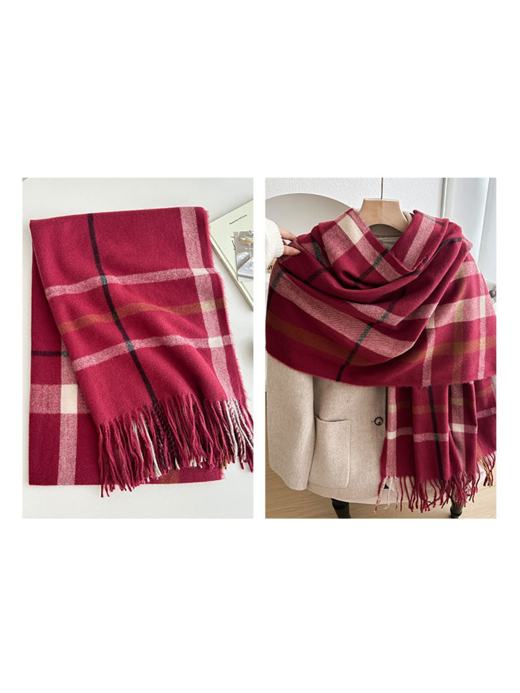 Scarvii - Reversible Color-Block Plaid Scarf with Fringe