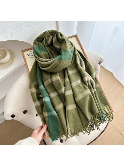 Scarvii - Reversible Color-Block Plaid Scarf with Fringe