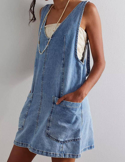 V-Neck Backless Demin Mini Dress