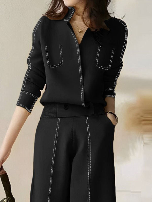 Long Sleeves Loose Split-Joint V-Neck T-Shirts
