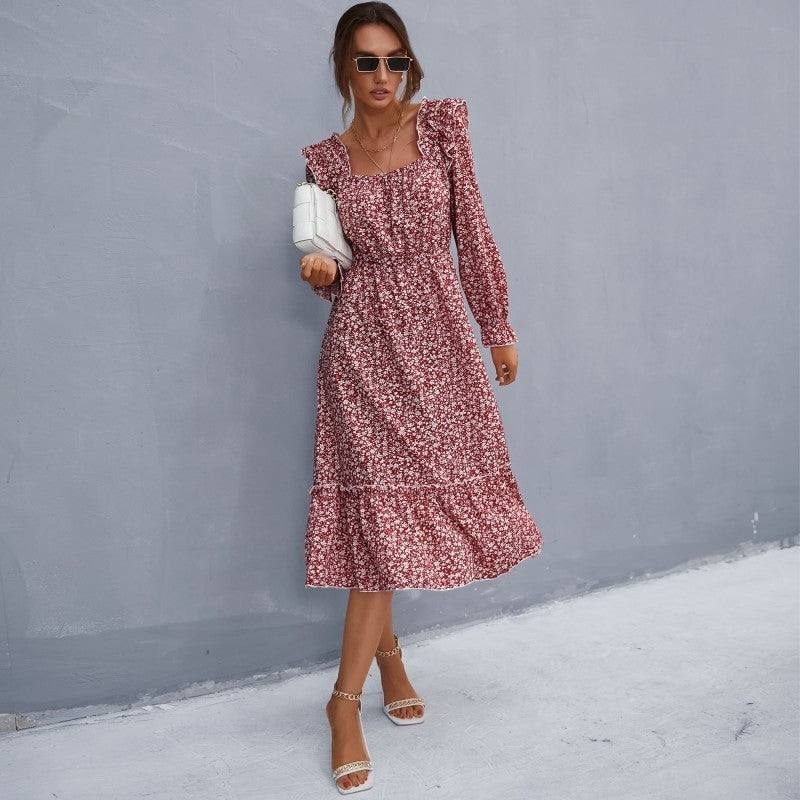 Petal Sleeve Floral Waist Square Neck Dress