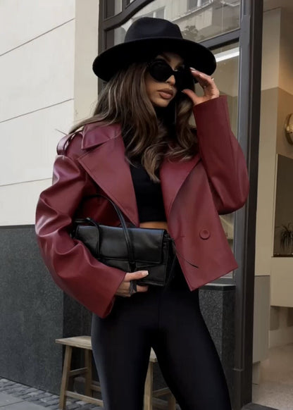 Cropped Leather Jacket With Oversized Lapels