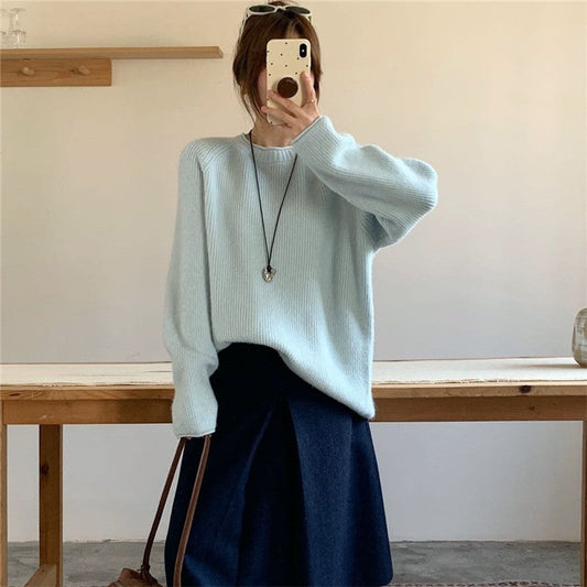 Rolled Edge Round Neck Pullover Sweater Women's Soft Loose Fit Knit Top