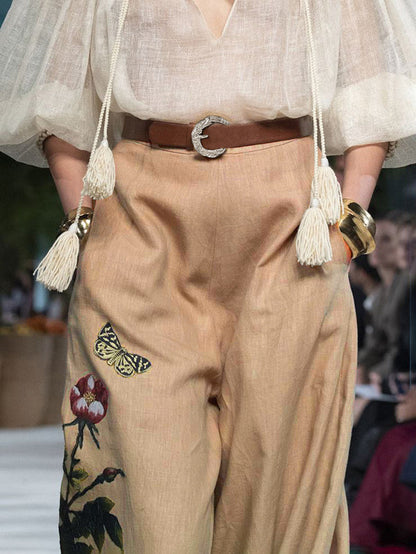 High Waisted Loose Belted Flower Print Pockets Pants Trousers