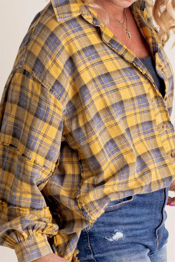 Women's Mineral Washed Button Down Plaid Flannel Shirt