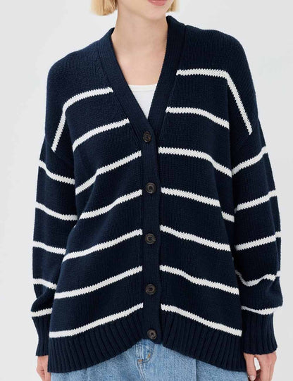 Striped V-Neck Color Block Button Down Cardigan