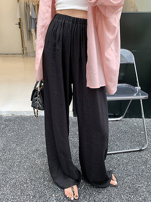 High Waisted Loose Elasticity Pleated Pockets Solid Color Pants