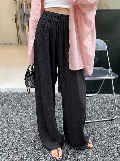 High Waisted Loose Elasticity Pleated Pockets Solid Color Pants